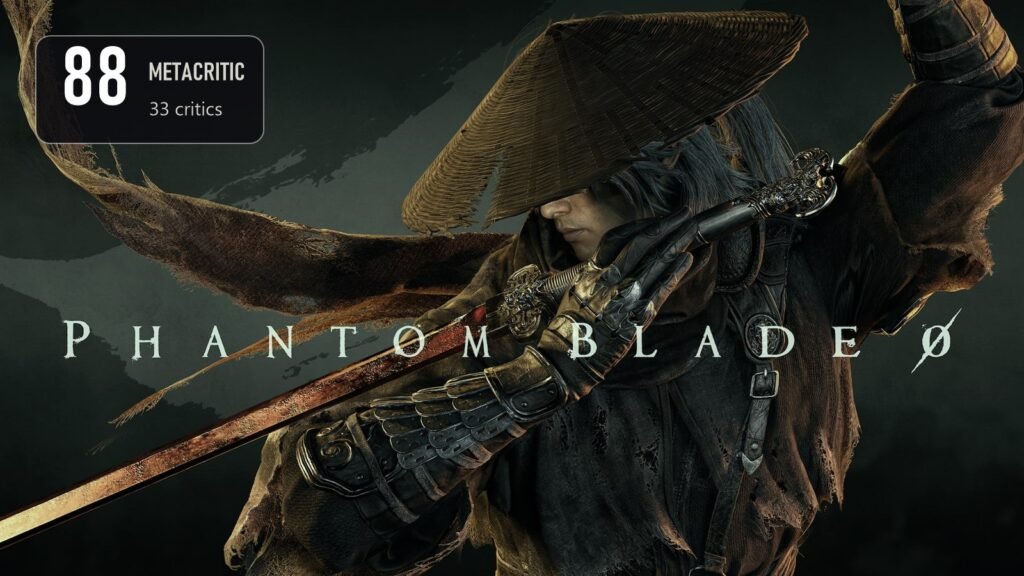 Phantom Blade Zero key art of Soul in a straw hat drawing his sword, with a badge showing an 88 Metacritic score from 33 critics