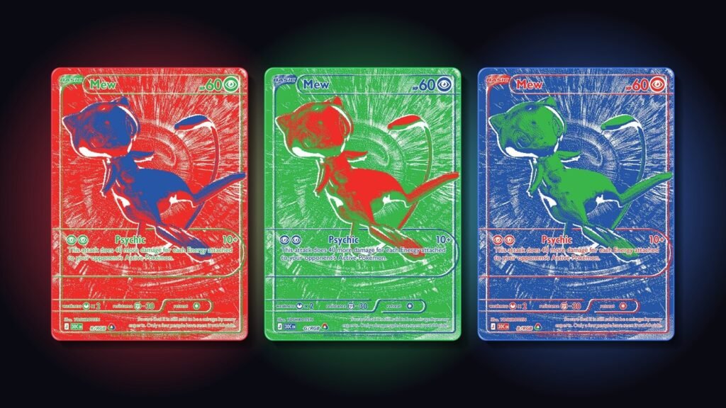 The three RGB Rare Mew cards from Pokémon TCG 30th Celebration: red, green and blue versions