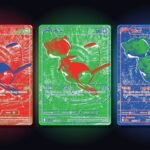 The three RGB Rare Mew cards from Pokémon TCG 30th Celebration: red, green and blue versions