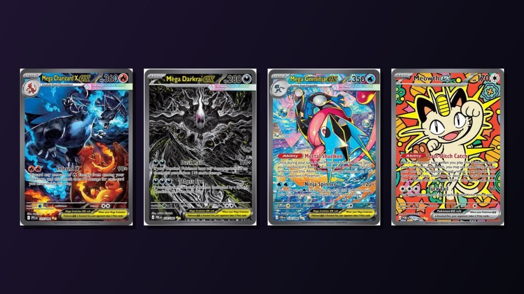 Mega Charizard X ex, Mega Darkrai ex, Mega Greninja ex and Meowth ex Special Illustration Rare Pokémon cards