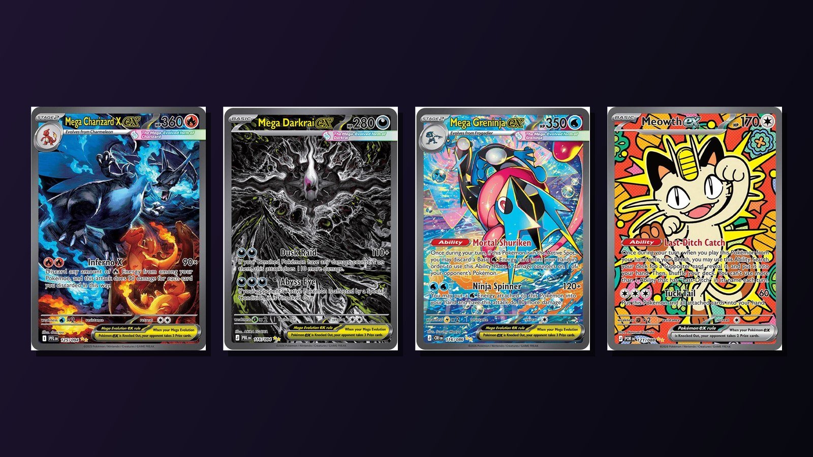 Mega Charizard X ex, Mega Darkrai ex, Mega Greninja ex and Meowth ex Special Illustration Rare Pokémon cards
