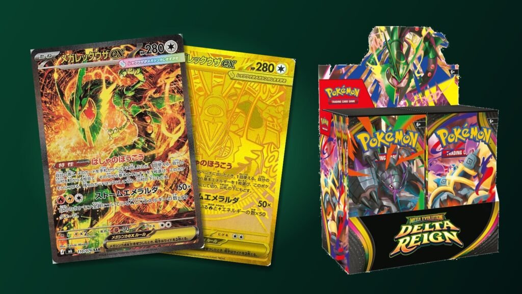 Pokémon Delta Reign booster box with the Japanese Special Art Rare and gold Mega Rayquaza ex cards