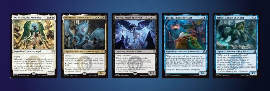 Ob Nixilis the Ascended, Niv-Mizzet Ghost Counsel, Avacyn Angel of Horror, Fblthp Impossibly Lost and Yargle Goliath of Otaria cards from Reality Fracture