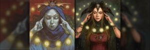 DiTerlizzi's 1999 Brainstorm art next to his 2026 Thoughtseize art from Secret Lair Duality Distorted