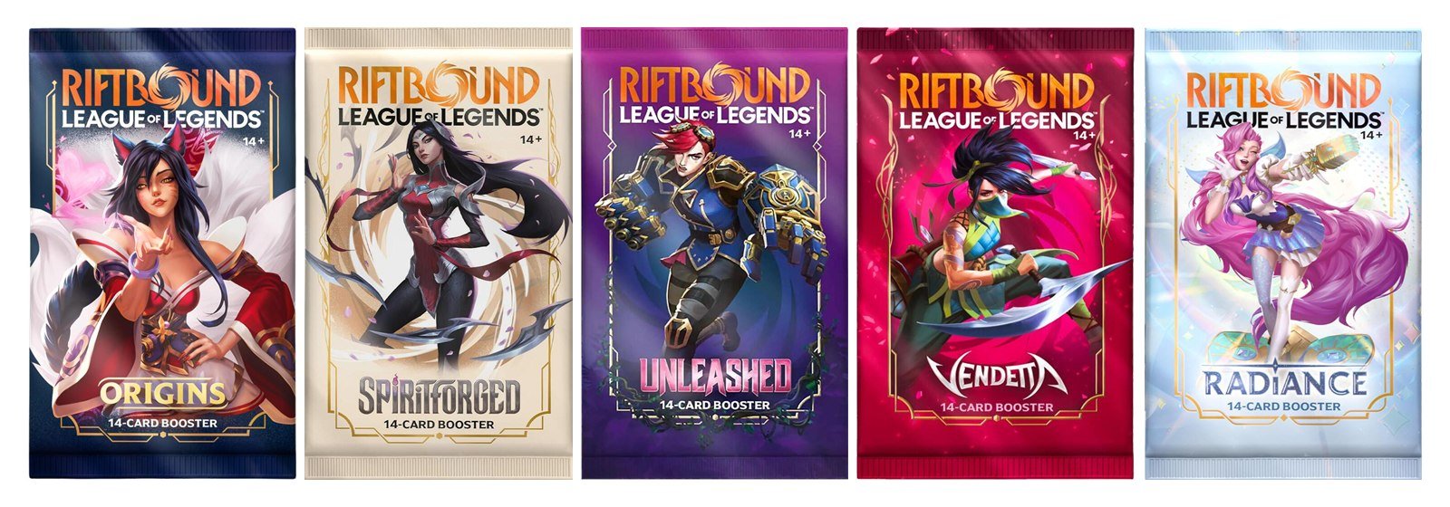 The five Riftbound booster packs in the Gift of the Rift Bundle: Origins, Spiritforged, Unleashed, Vendetta and Radiance