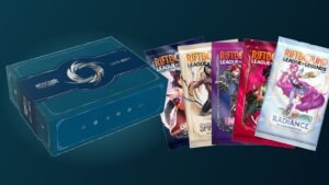Riftbound Gift of the Rift Bundle box with booster packs from Origins, Spiritforged, Unleashed, Vendetta and Radiance