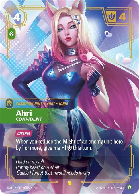 Ahri, Confident K/DA Special Art card from Riftbound Radiance, SP1