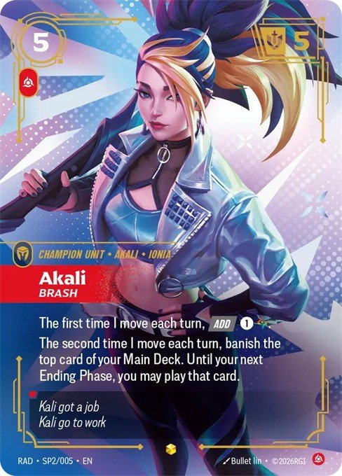 Akali, Brash K/DA Special Art card from Riftbound Radiance, SP2