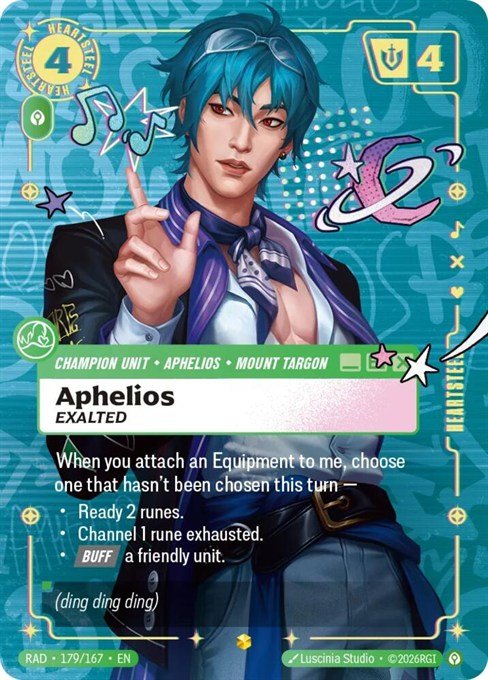 Aphelios, Exalted Heartsteel Overnumbered card from Riftbound Radiance, 179/167