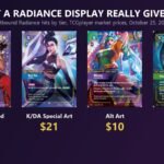 Four Riftbound Radiance cards by value tier: Kayn Heartsteel Overnumbered ($69), Kai'Sa K/DA Special Art ($21), Riven Deserter Alt Art ($10) and The Ball Epic ($13)