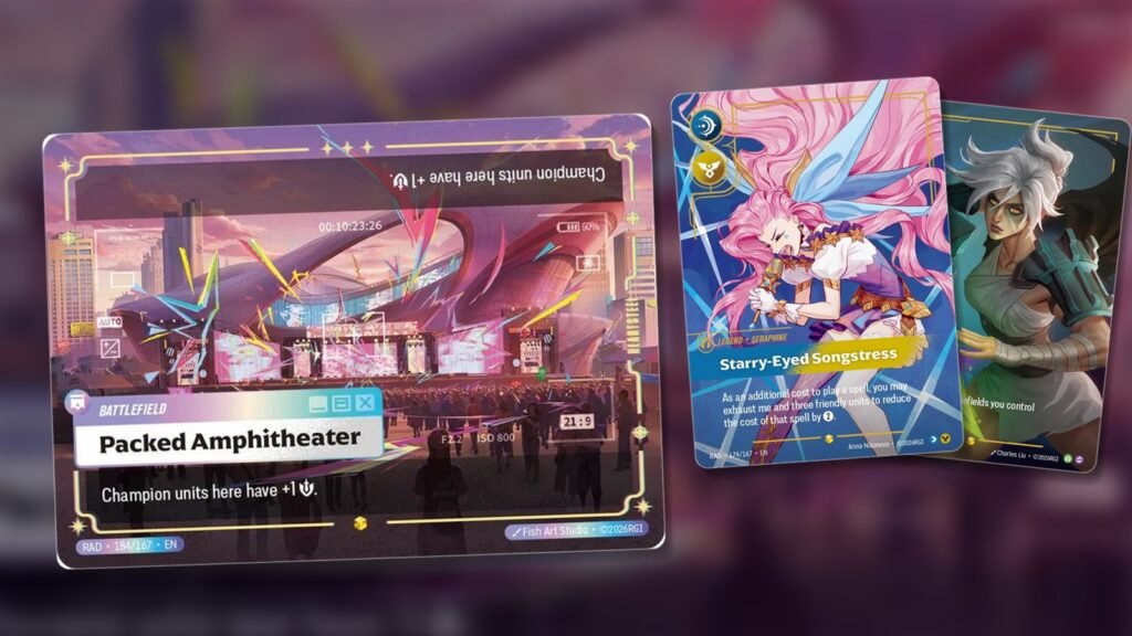 Riftbound Radiance chase cards: Packed Amphitheater Ultimate Rare with the Seraphine and Riven Overnumbered cards