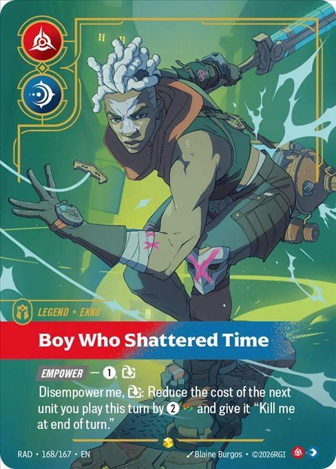 Ekko, Boy Who Shattered Time Overnumbered Legend card from Riftbound Radiance