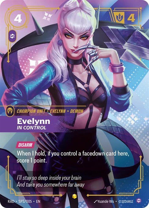 Evelynn, In Control K/DA Special Art card from Riftbound Radiance, SP3