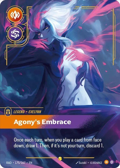 Evelynn, Agony’s Embrace Overnumbered Legend card from Riftbound Radiance