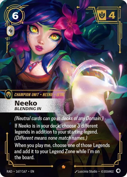 Neeko, Blending In card from Riftbound Radiance, shown with its original printed text