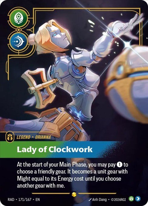 Orianna, Lady of Clockwork Overnumbered Legend card from Riftbound Radiance