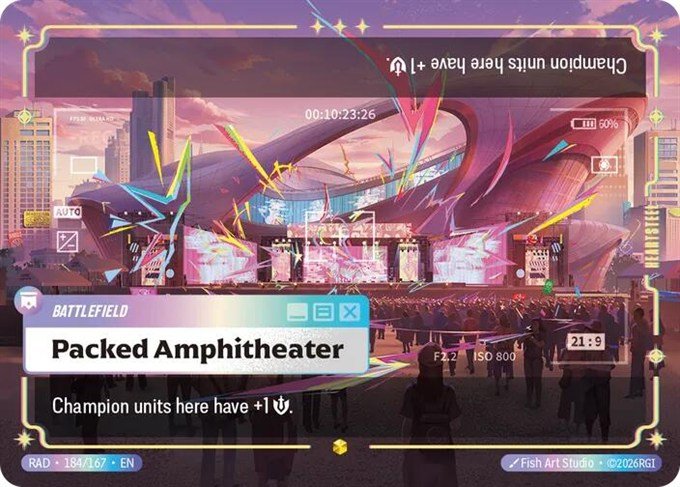 Packed Amphitheater Ultimate Rare battlefield card from Riftbound Radiance, 184/167