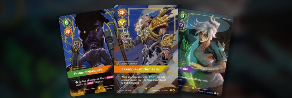 K'Sante, Jarvan IV and Riven Overnumbered Legend cards from Riftbound Radiance