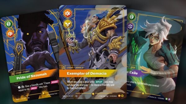 K'Sante, Jarvan IV and Riven Overnumbered Legend cards from Riftbound Radiance