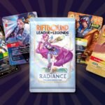 Riftbound Radiance booster pack with Riven Alt Art, Akali K/DA Special Art, Sett Heartsteel Overnumbered and Mordekaiser Overnumbered cards