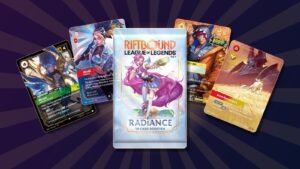 Riftbound Radiance booster pack with Riven Alt Art, Akali K/DA Special Art, Sett Heartsteel Overnumbered and Mordekaiser Overnumbered cards
