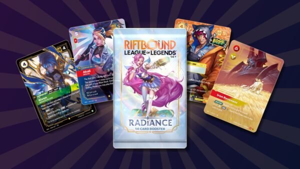 Riftbound Radiance booster pack with Riven Alt Art, Akali K/DA Special Art, Sett Heartsteel Overnumbered and Mordekaiser Overnumbered cards