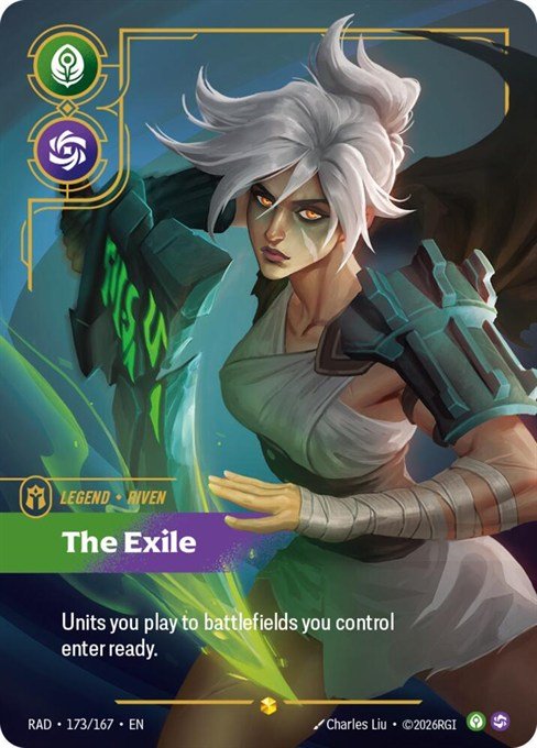 Riven, The Exile Overnumbered card from Riftbound Radiance, 173/167