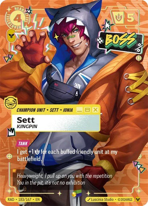 Sett, Kingpin Heartsteel Overnumbered card from Riftbound Radiance
