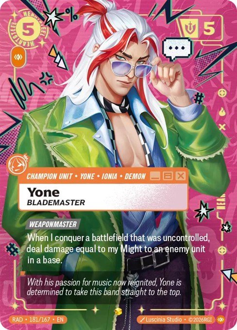 Yone, Blademaster Heartsteel Overnumbered card from Riftbound Radiance, 181/167