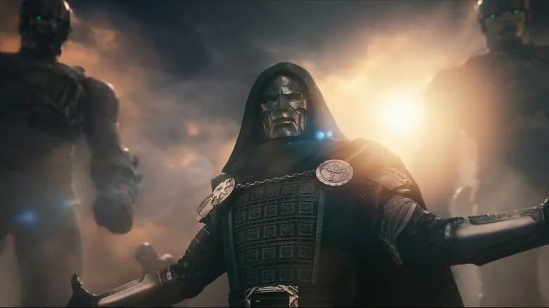 Robert Downey Jr. as Doctor Doom in his armored mask in Avengers: Doomsday
