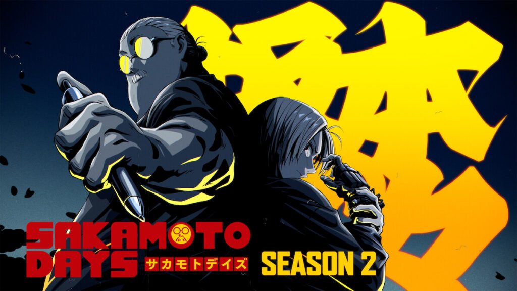 Sakamoto Days Season 2 teaser art with Sakamoto holding a pen back to back with Shin