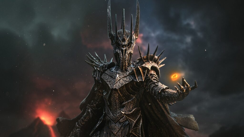 Iron Studios Sauron Unleashed statue of Sauron in spiked armor in front of a volcano, with the One Ring glowing above his hand