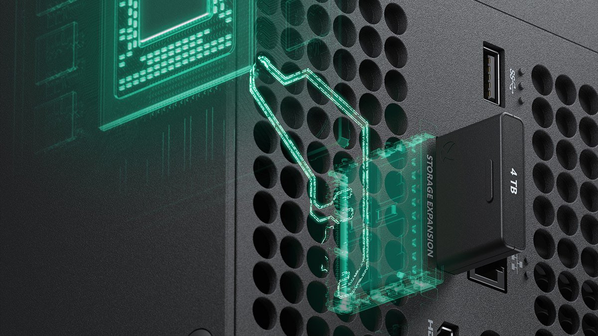 Seagate 4TB Storage Expansion Card plugged into the storage expansion slot on the back of an Xbox Series X