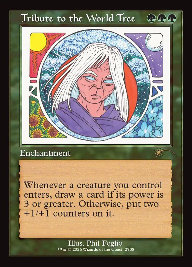 Tribute to the World Tree Magic: The Gathering card, Secret Lair Duality Distorted version