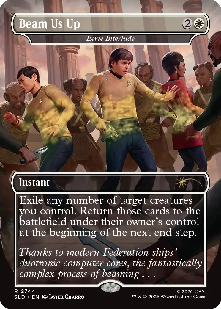 Secret Lair x Star Trek Beam Me Up, the Eerie Interlude reprint showing the crew beaming out