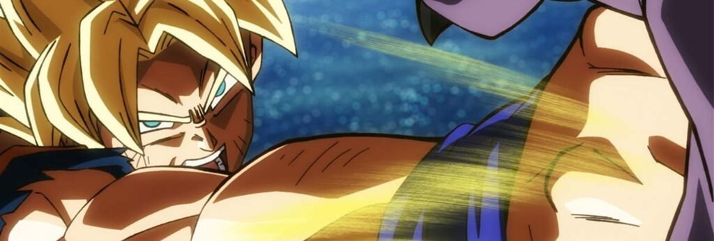 Super Saiyan Goku throws a punch at Beerus in Dragon Ball Super: Beerus