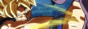 Super Saiyan Goku throws a punch at Beerus in Dragon Ball Super: Beerus