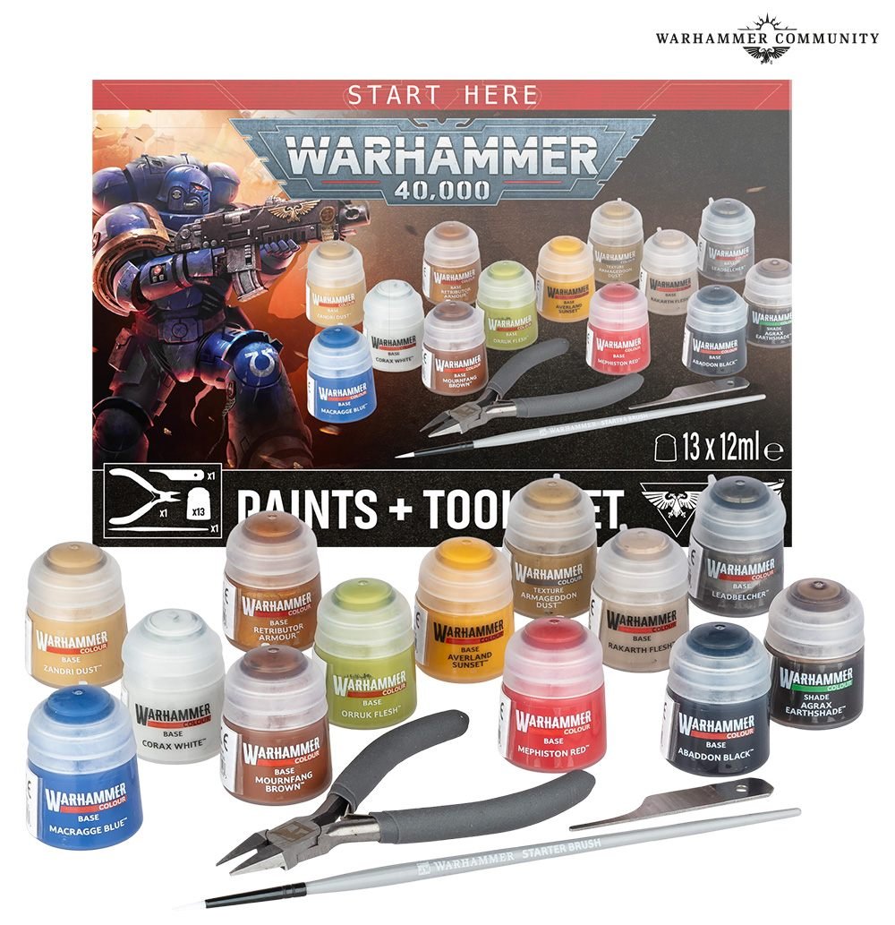 Warhammer 40,000 Paints + Tools Set 2026 with 13 paints, brush, clippers and mouldline remover