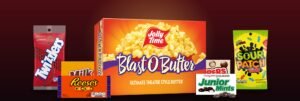 Movie theater snacks: Jolly Time Blast O Butter popcorn, Reese's Pieces, Milk Duds, Junior Mints, Whoppers, Twizzlers and Sour Patch Kids