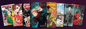 Volume 1 covers of Jujutsu Kaisen, Chainsaw Man, Frieren, Demon Slayer, Dandadan, Spy x Family, Kaiju No. 8 and Sakamoto Days